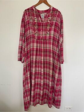Cozy Pink & Green Soft Shirt Dress Embroidery, Cottagecore Cotton
Sz 2X